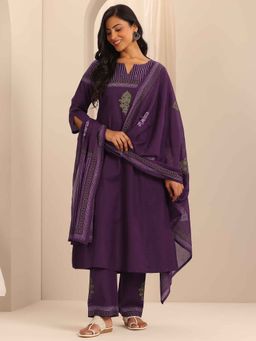 Libas - Purple Printed Straight Kurta with Pant and Dupatta (Set of 3)