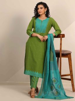 Libas - Green Woven Straight Kurta with Pant and Dupatta (Set of 3)