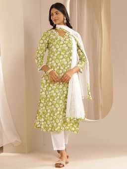 Libas - Green Floral Printed Straight Kurta with Pant and Dupatta (Set of 3)