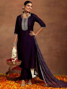 Gerua By Libas - Purple Zari Embroidered Straight Kurta with Pant and Dupatta (Set of 3)