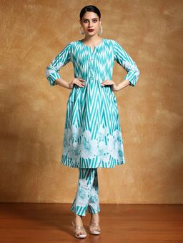 Varanga - Blue Floral Printed A-Line Kurta with Pant (Set of 2)