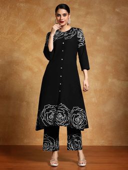 Varanga - Black Floral Printed A-Line Kurta with Pant (Set of 2)