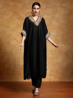 Varanga - Black Solid Lace Neck Kaftan Kurta with Pant (Set of 2)