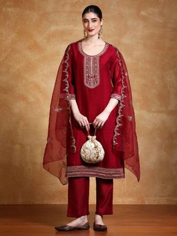 Varanga - Maroon Sequined Embroidered Kurta with Pant and Dupatta (Set of 3)