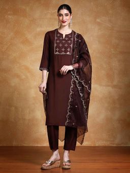 Varanga - Brown Sequined Embroidered Kurta with Pant and Dupatta (Set of 3)