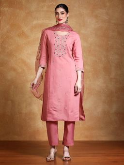 Varanga - Pink Zari Embroidered Yoke Kurta with Pant and Dupatta (Set of 3)