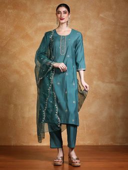 Varanga - Teal Sequined Embroidered Yoke Kurta with Pant and Dupatta (Set of 3)