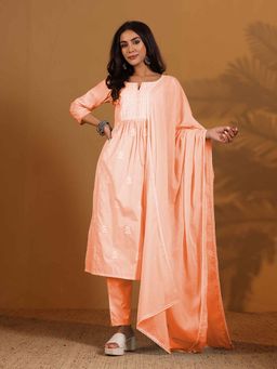 Varanga - Peach Embroidered Chikankari Kurta with Pant and Dupatta (Set of 3)
