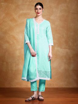 Varanga - Turquoise Embroidered Thread Work Kurta with Pant and Dupatta (Set of 3)