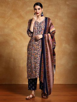 Varanga - Navy Blue Floral Printed Kurta with Pant and Dupatta (Set of 3)