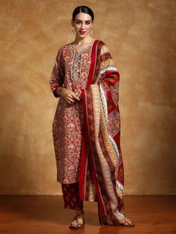 Varanga - Red Floral Printed Kurta with Pant and Dupatta (Set of 3)