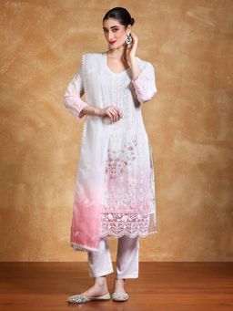 Varanga - White-Pink Heavy Embroidered Kurta with Pant and Dupatta (Set of 3)