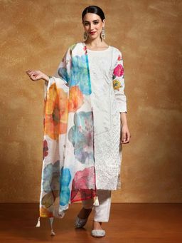 Varanga - White Floral Embroidered Kurta with Pant and Dupatta (Set of 3)