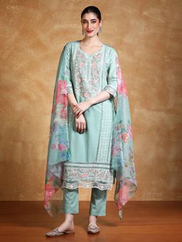 Varanga - Green Floral Embroidered Kurta with Pant and Dupatta (Set of 3)
