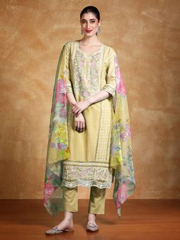 Varanga - Mustard Floral Embroidered Kurta with Pant and Dupatta (Set of 3)