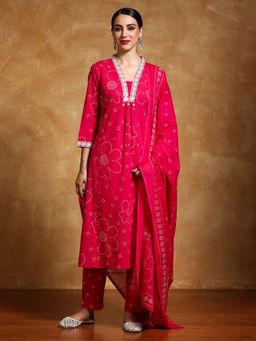 Varanga - Pink Bandhani Printed Kurta with Pant and Dupatta (Set of 3)
