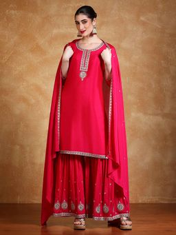 Varanga - Fuchsia Pink Zari Embroidered Yoke Kurta with Sharara and Dupatta (Set of 3)