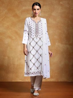 Varanga - White Floral Embroidered Kurta with Pant and Dupatta (Set of 3)