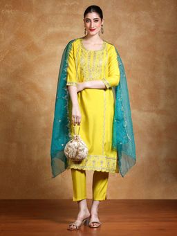 Varanga - Yellow Zari Embroidered Kurta with Pant and Dupatta (Set of 3)