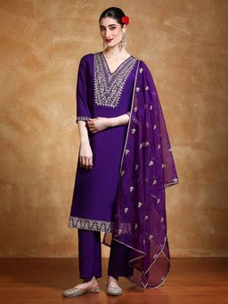Varanga - Purple Zari Embroidered Kurta with Pant and Dupatta (Set of 3)