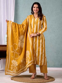 Varanga - Mustard Floral Printed Kurta with Pant and Dupatta (Set of 3)