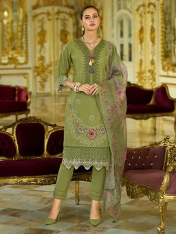 Varanga - Green Floral Embroidered Kurta with Pant and Dupatta (Set of 3)