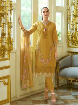 Varanga - Mustard Floral Embroidered Kurta with Pant and Dupatta (Set of 3)