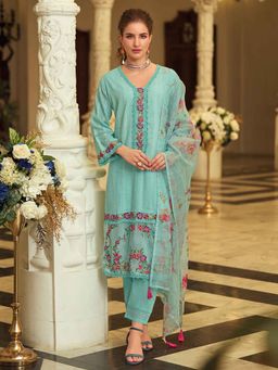 Varanga - Blue Floral Embroidered Kurta with Pant and Dupatta (Set of 3)