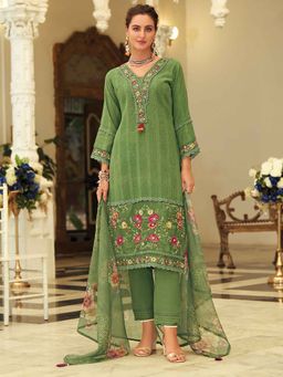 Varanga - Green Floral Embroidered Kurta with Pant and Dupatta (Set of 3)