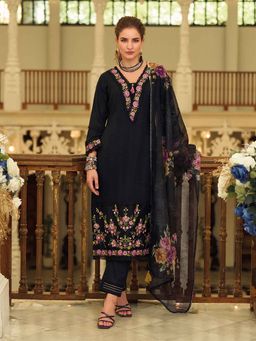 Varanga - Black Floral Embroidered Kurta with Pant and Dupatta (Set of 3)