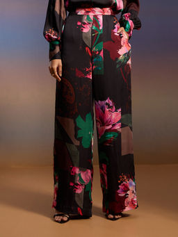 RSVP by Nykaa Fashion - Black And Multicolor Satin Floral High Waist Straight Pants