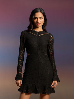 RSVP by Nykaa Fashion - Black Laced Round Neck Waist Cut Out Ruffled Mini Dress