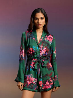 RSVP by Nykaa Fashion - Bottle Green Satin Floral Lapel Collar Flared Sleeve Playsuit With Belt