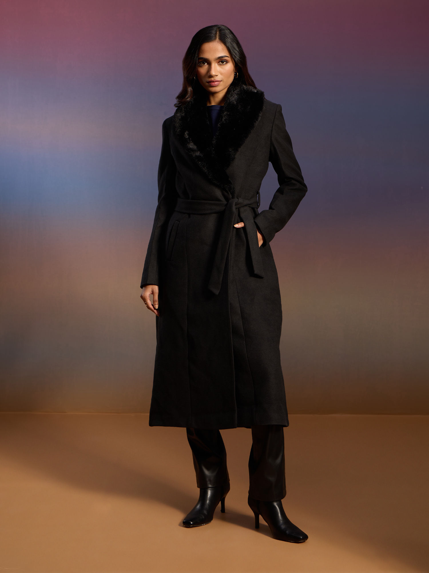 Black Solid Fur Collar Slim Fit Belted Overcoat-picture-40
