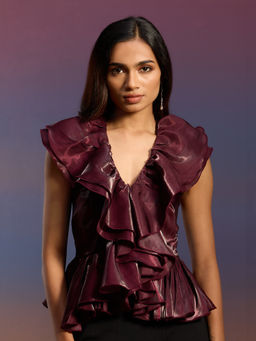 RSVP by Nykaa Fashion - Wine Solid V Neck Sleeveless Ruffled Peplum Top