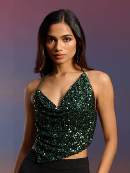 RSVP by Nykaa Fashion - Bottle Green Sequined Cowl Neck Asymmetric Crop Top