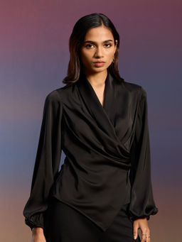 RSVP by Nykaa Fashion - Black Satin V Neck Full Bishop Sleeves Asymmetric Wrap Top