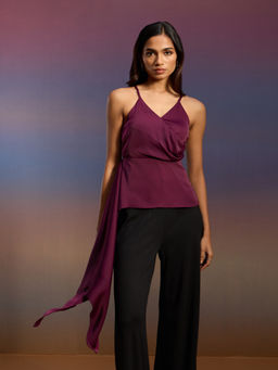 RSVP by Nykaa Fashion - Wine Satin Strappy Side Drape Peplum Top