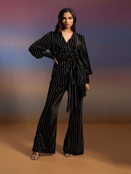 RSVP by Nykaa Fashion - Black and Silver Striped Wrap Top Fit And Flared Pants Co Ord Set