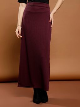 AAREIN - Purple Solid Ankle-Length Ribbed Skirt with Back Slit.