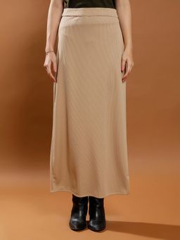 AAREIN - Beige Solid Ankle-Length Ribbed Skirt with Back Slit.