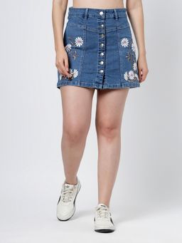 COSMIC TRIO - Embroidered Denim Skirt
