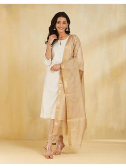 Fabindia - Beige Cotton Silk Blend Hand Block Stripes Printed Dupatta