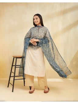 Fabindia - Teal Cotton Silk Dabu Floral Printed Dupatta