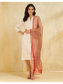 Fabindia - Red Cotton Silk Hand Block Printed Dupatta