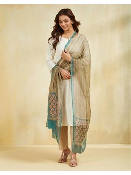 Fabindia - Beige Cotton Silk Printed Dupatta