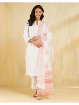 Fabindia - Off White Cotton Silk Hand Block Printed Dupatta