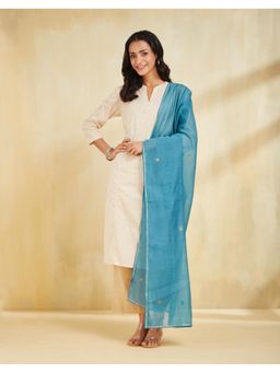 Fabindia - Turquoise Cotton Silk Embroidered Dupatta
