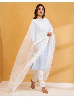 Fabindia - White Cotton Silk Hand Embroidered Dupatta