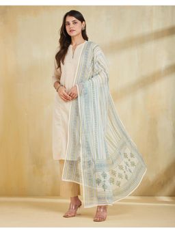 Fabindia - Blue Cotton Silk Stripes Printed Dupatta